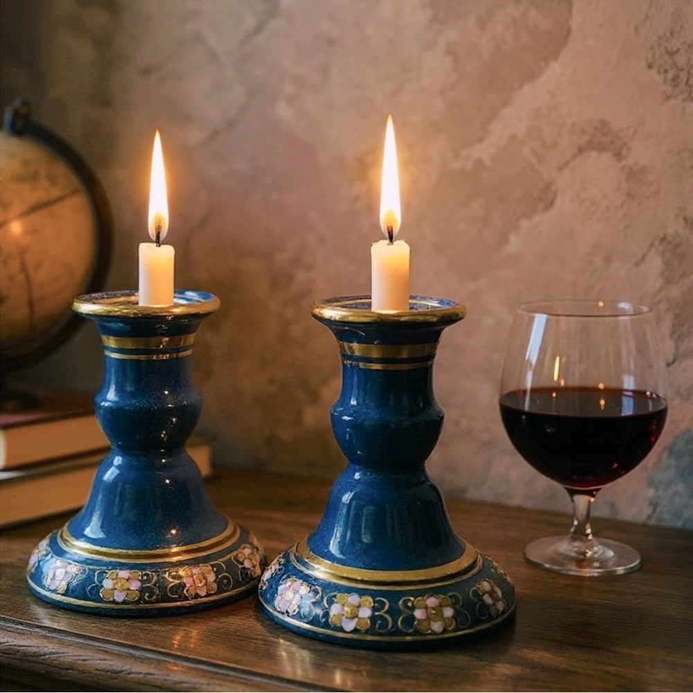 Toyo Enamel & Gold Leaf Porcelain Ornate Floral Design Candle Holders 4.25”